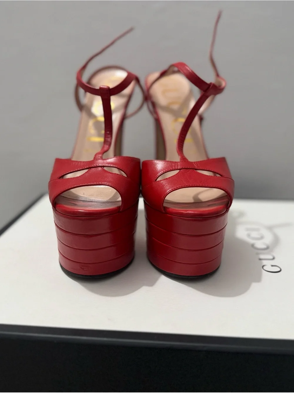 Gucci Red Leather Platform T-Strap Sandals